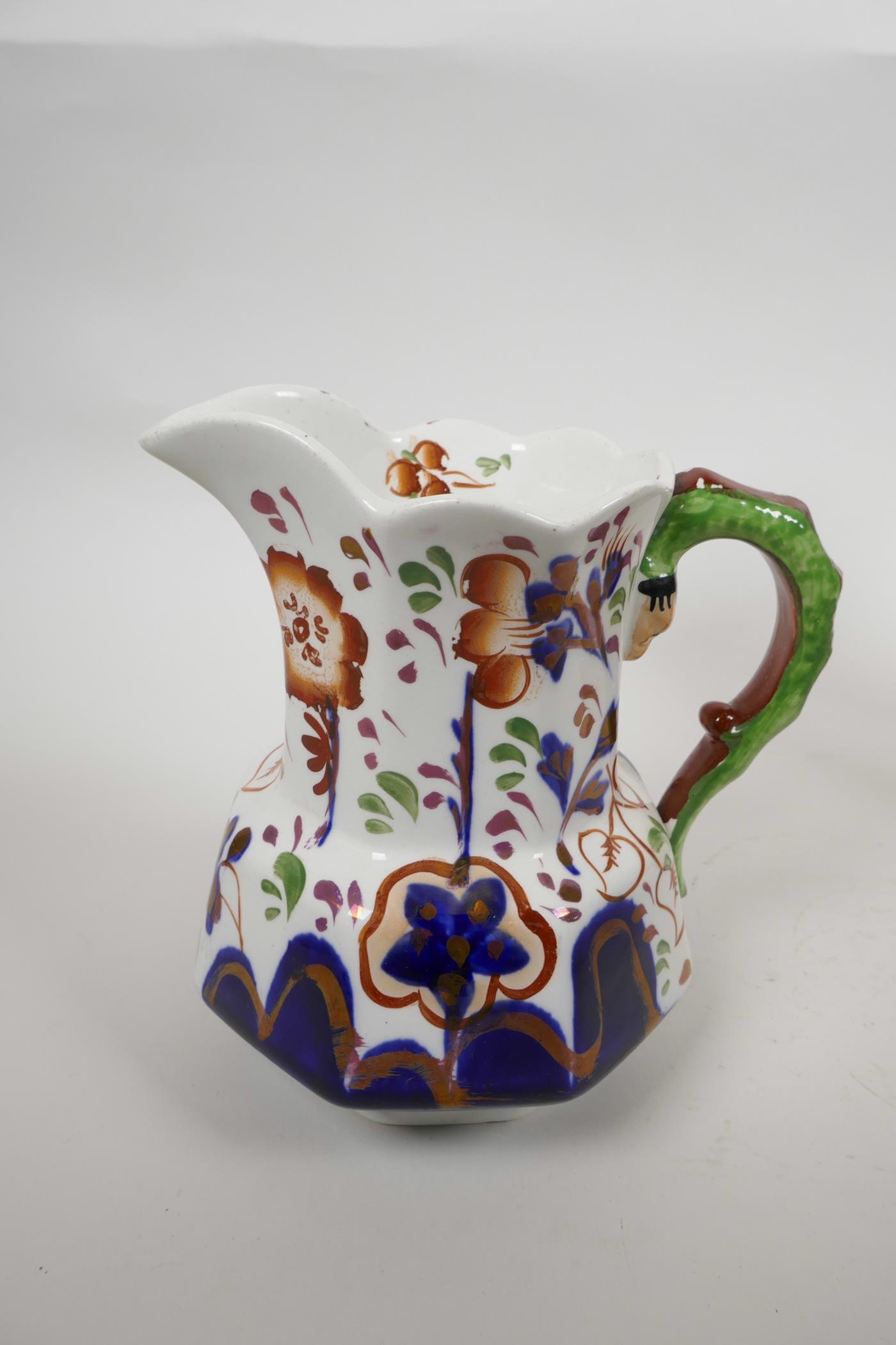 An 1830s Allerton Gaudy Welsh caterpillar handle lustre pitcher, with hand painted flowers and folia - Image 2 of 8