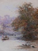 Thomas Dingle Jnr, (British, 1844-1919), A Devon river scene with a couple in a rowing boat and cott