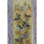A Moghul miniature painting of a hunting scene in ornate painted mount and detailed micro-mosaic fra
