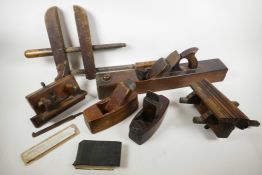 Various woodworking tools from the 1860s including two Rebate Planes stamped 'Piner' and 'Paige', a