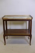 A late C19th French two tier tulipwood etagere with crossbanded inlay, green and white marble top, t