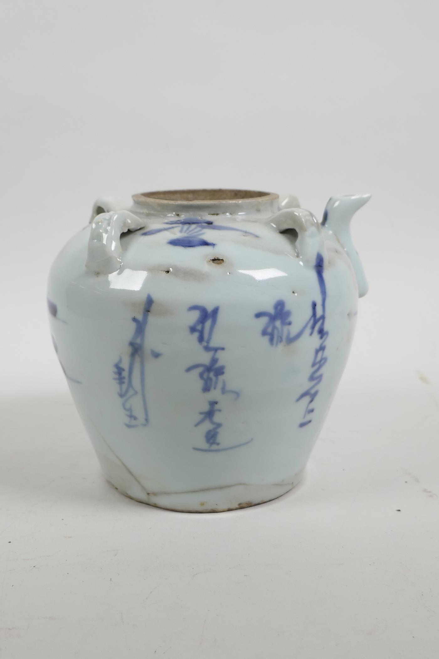 A Chinese blue and white porcelain pourer/pot with four lug handles and decorated with a stylised la - Image 3 of 5