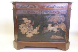 A C18th Continental mahogany buffet incorporating C18th Japanese lacquer panels depicting mythical c