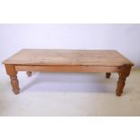 A pine farmhouse style coffee table, 56" x 24" x 18" high