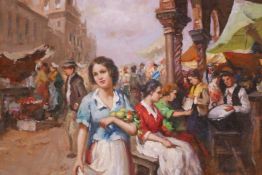 In the manner of Giuseppe Pitto, Naples market scene, oil on canvas laid on board, 19½" x 15½"