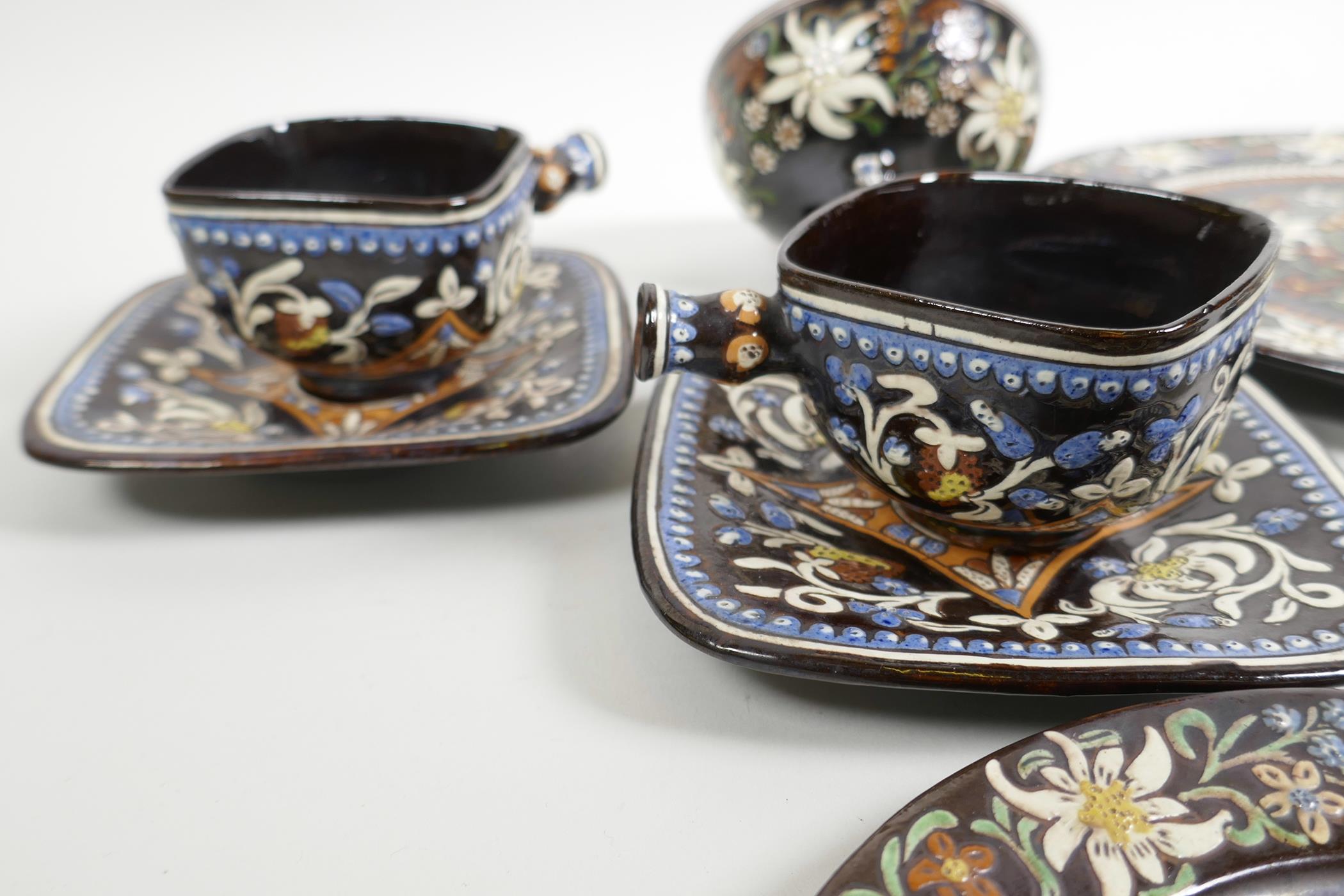 A Swiss Thoune pottery two place coffee service comprising serving plate, two tea plates, two square - Image 5 of 5