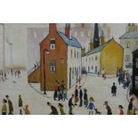 In the manner of Lowry, busy industrial street scene, oil on canvas laid on board, 13½" x 10½"