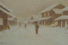 Y. Matsumoto (Japanese), winter village street scene, watercolour, 19½" x 12½"