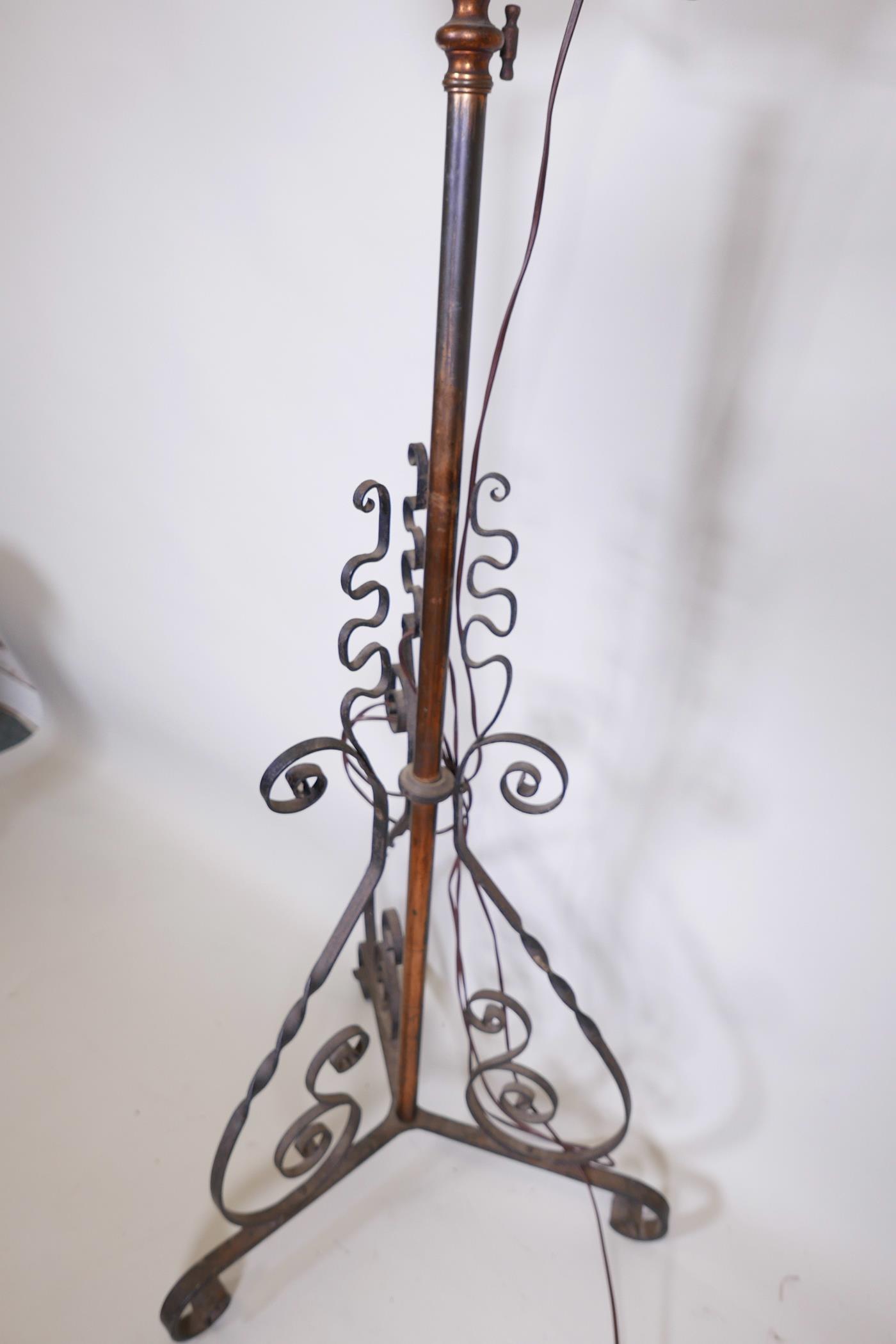 A wrought iron and copper standard oil lamp converted to electricity, 56" high - Image 2 of 4