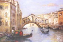 After Antoine Bouvard, Venetian canal scene, view of the Rialto Bridge, oil on canvas laid on board,