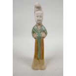 A Chinese Tang dynasty (618-907AD) terracotta figure of a court lady, Sancai glazed in original gree