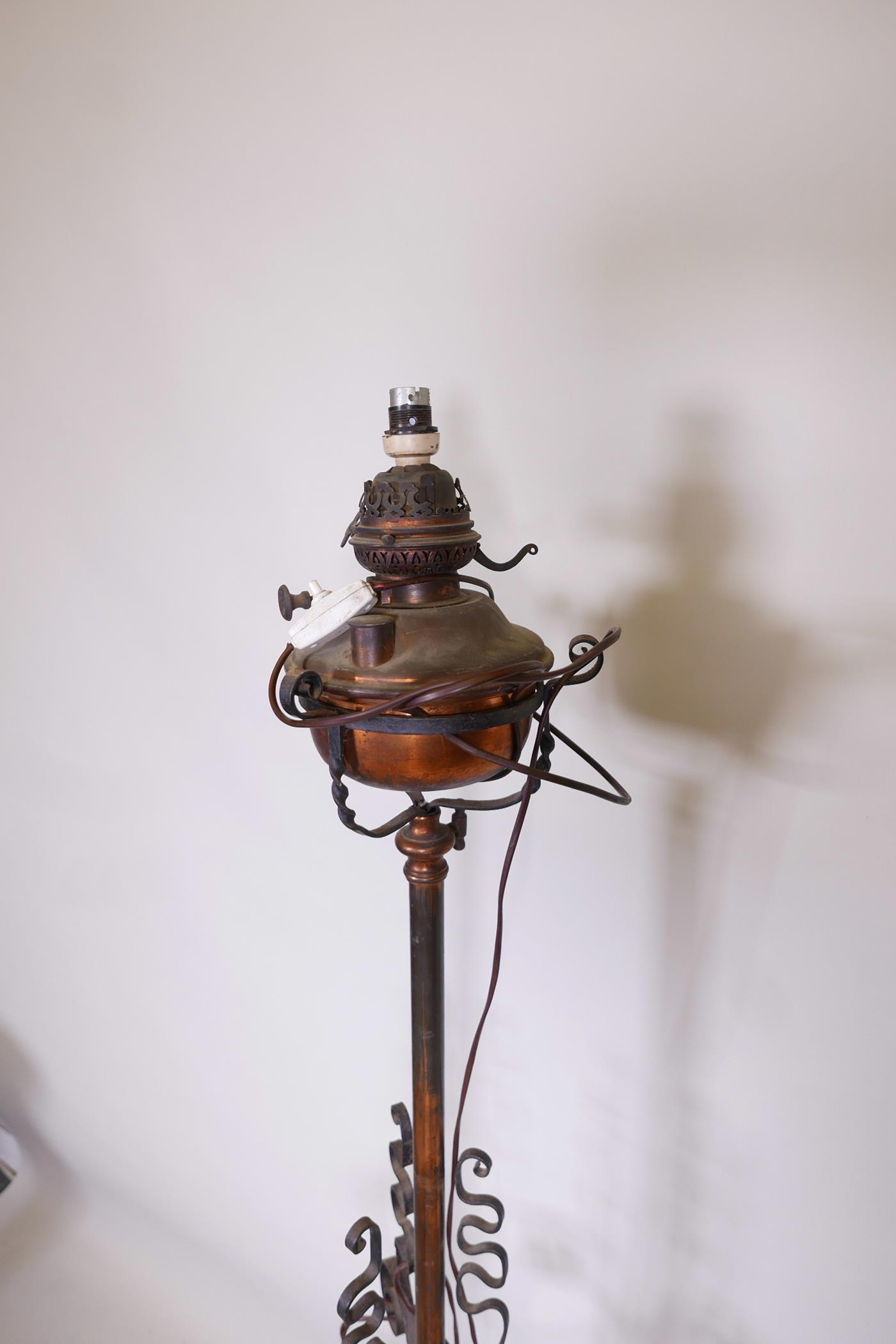 A wrought iron and copper standard oil lamp converted to electricity, 56" high - Image 3 of 4