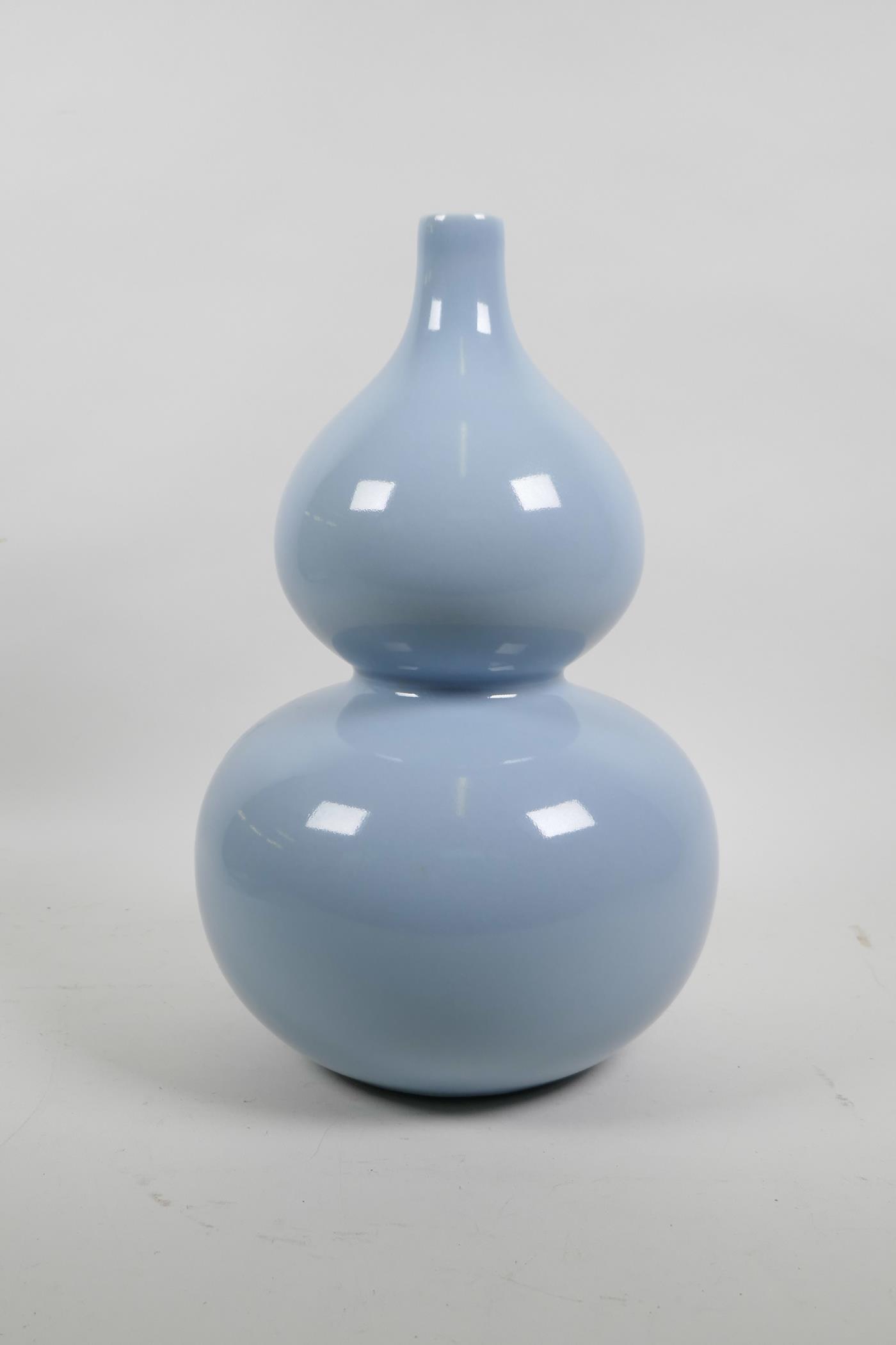 A Chinese porcelain double gourd vase with a blue Ru ware style glaze, seal mark to base, 12" high - Image 2 of 4