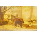 After Herring, horses and pigs in a farmyard, C19th oleograph, 19" x 14", in a good gilt frame