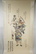 A Chinese watercolour scroll decorated with two warriors and a fisherman, after Fu Baoshi, 17" x 37"