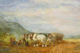 Figures with horses resting in a landscape, oil on board, 6½" x 11½"