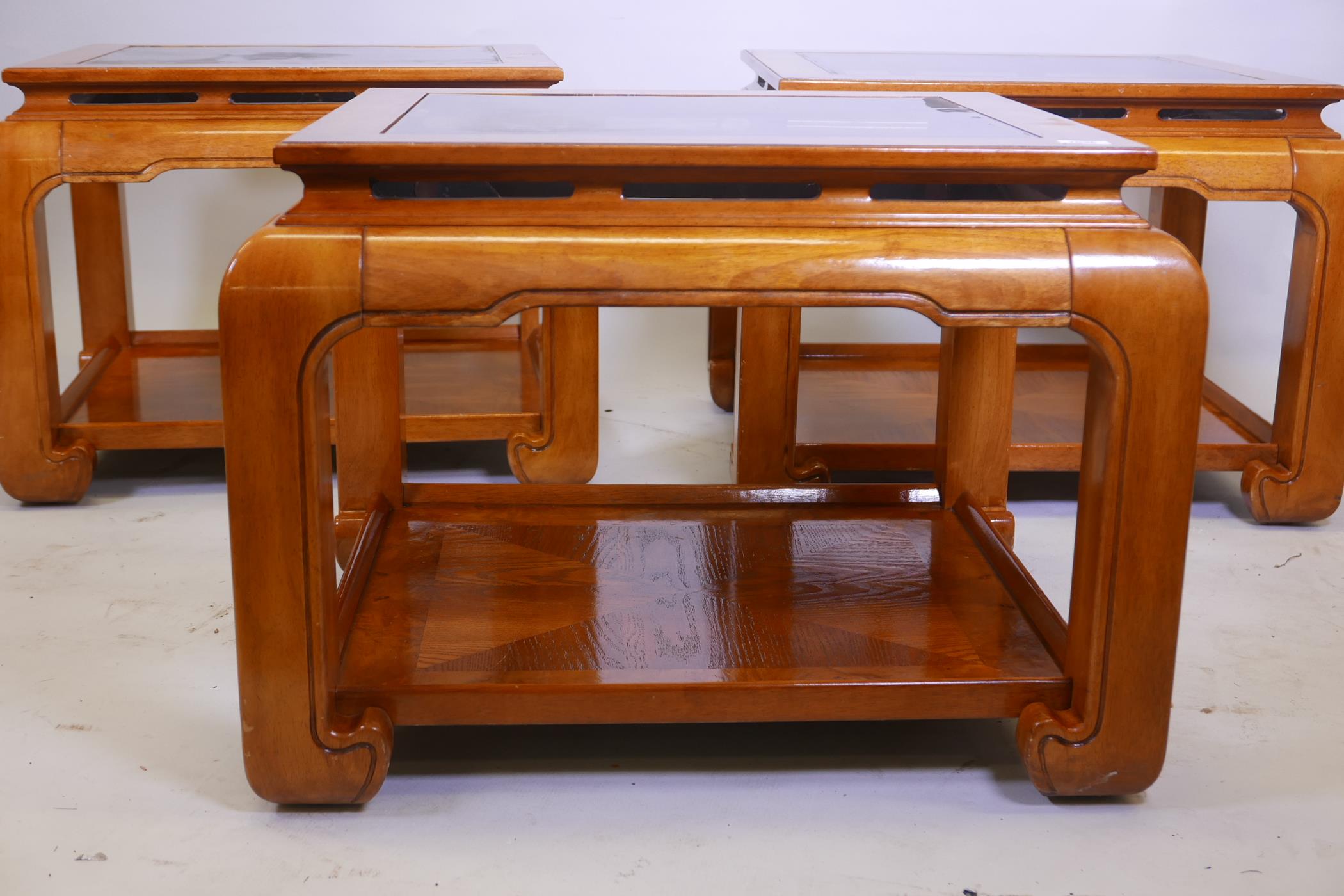 Three matching oriental style figured elm lamp tables, each with inset tinted glass, 25" x 25" x 22" - Image 2 of 4