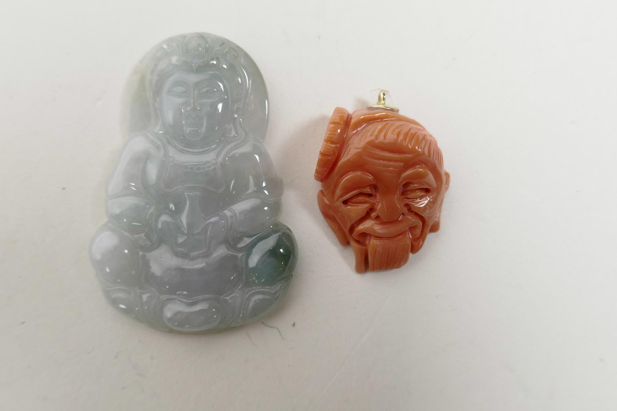 A Chinese green hardstone pendant carved in the form of Buddha, together with a carved coral pendant