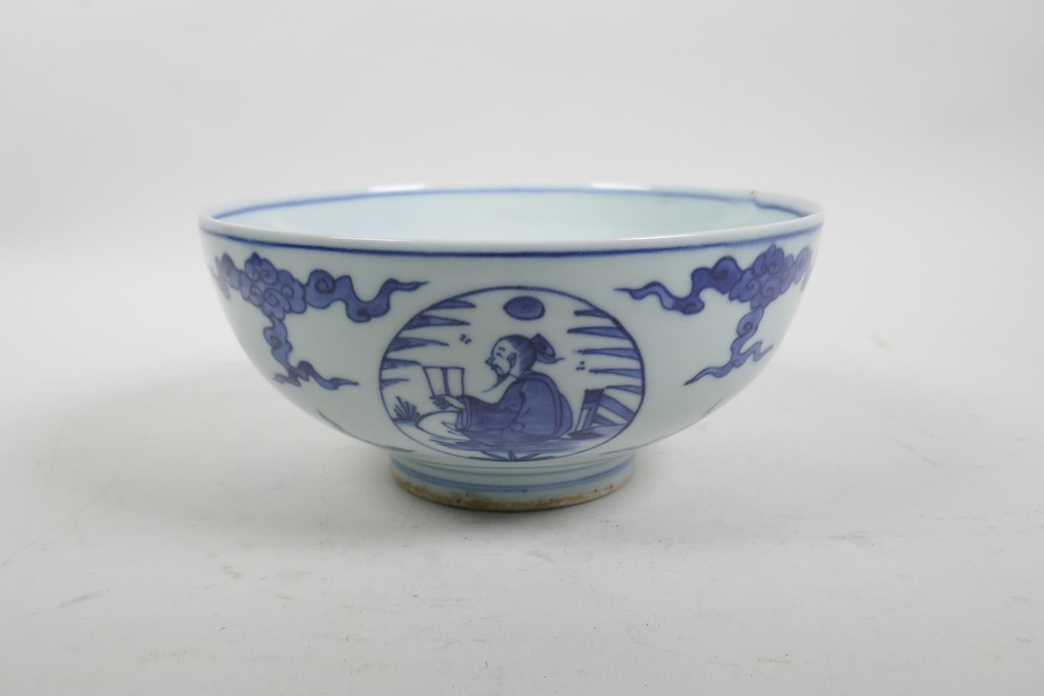 A Chinese blue and white bowl with decorative figural panels, 4 character mark to base, 8" diameter