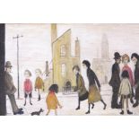 After Lowry, busy street scene with figures and a dog, oil on canvas laid on board, 16" x 12"