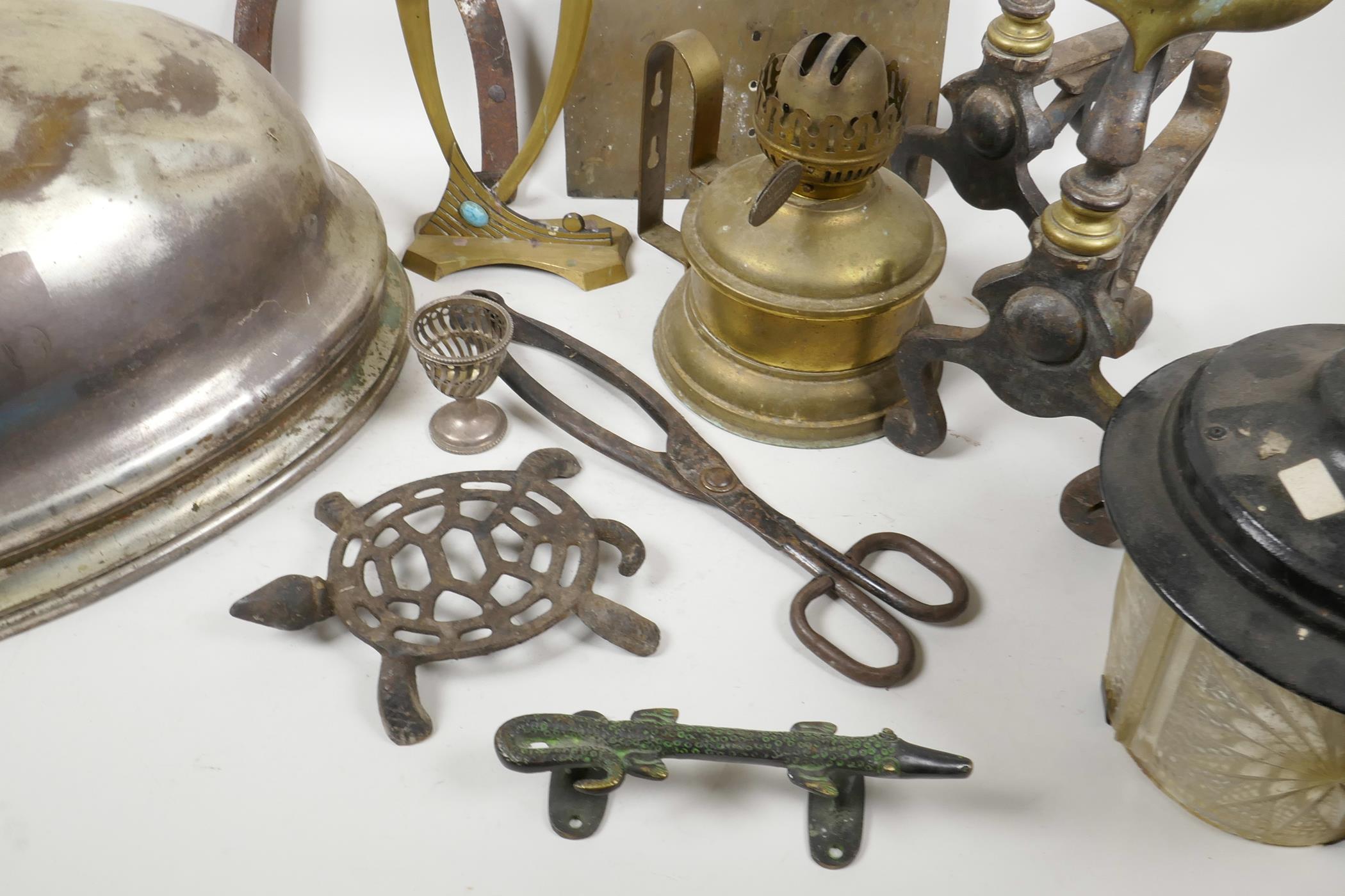 A collection of assorted metal wares including Art Nouveau iron and brass fire dogs, trivets, silver - Image 5 of 5