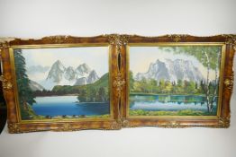 A pair of mountain lake scenes, oils on board, 19½" x 15½"