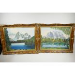 A pair of mountain lake scenes, oils on board, 19½" x 15½"