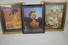 Vargas, a pair of erotic glamour prints of girls, 12" x 9", and a poster of Marlene Dietrich (3)