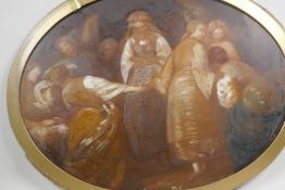 An oval French C18th style oil sketch of a group of figures, 22" x 17"