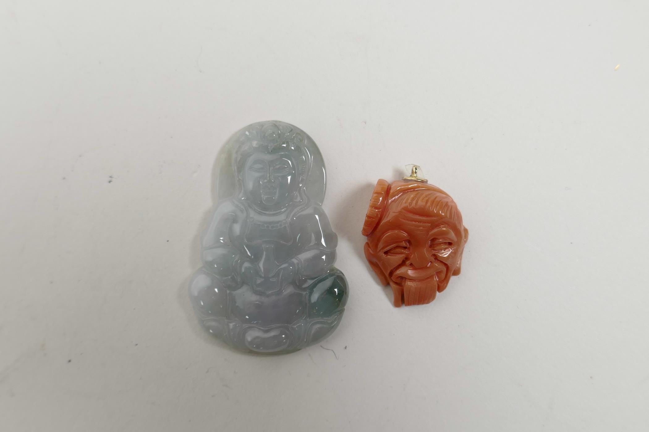 A Chinese green hardstone pendant carved in the form of Buddha, together with a carved coral pendant - Image 2 of 2