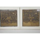 Two antique Chinese silk embroidery panels depicting phoenix, 11" square