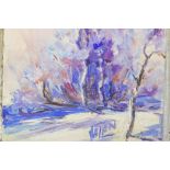 Valan, winter landscape, oil on board, 7" x 7", indistinct inscriptions verso