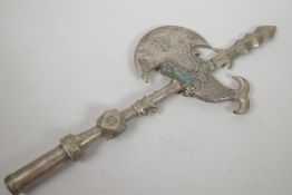 A Chinese white metal cased axe head cast as a dragon fish chasing the flaming pearl, 21½" long