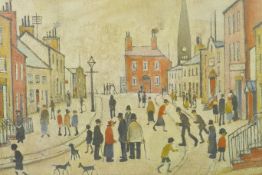 After L.S. Lowry, 'A Lancashire Village', a lithograph, mid C20th, 22" x 16½"