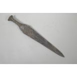 A Chinese cast metal dagger/short sword, the handle with dragon mask decoration, 14" long