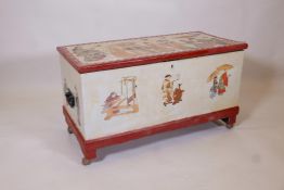 A C19th pine blanket chest with painted and decoupage decoration of Oriental figures, having iron
