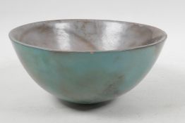 An unusual studio pottery bowl with mottled green/grey glaze, 6½" diameter