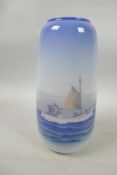 A Royal Copenhagen blue and white vase, decorated with a fishing boat, numbered 130.2 51F, 7" high