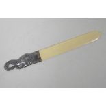 A Russian silver and bone letter opener, the handle formed as an elephant's head, 10½" long