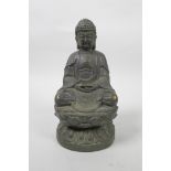 A bronze of Buddha seated on a lotus throne with verdigris patina, 8" high