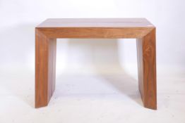 A contemporary designer mahogany pull out console table with four leaves, 43" x 18", 30" high