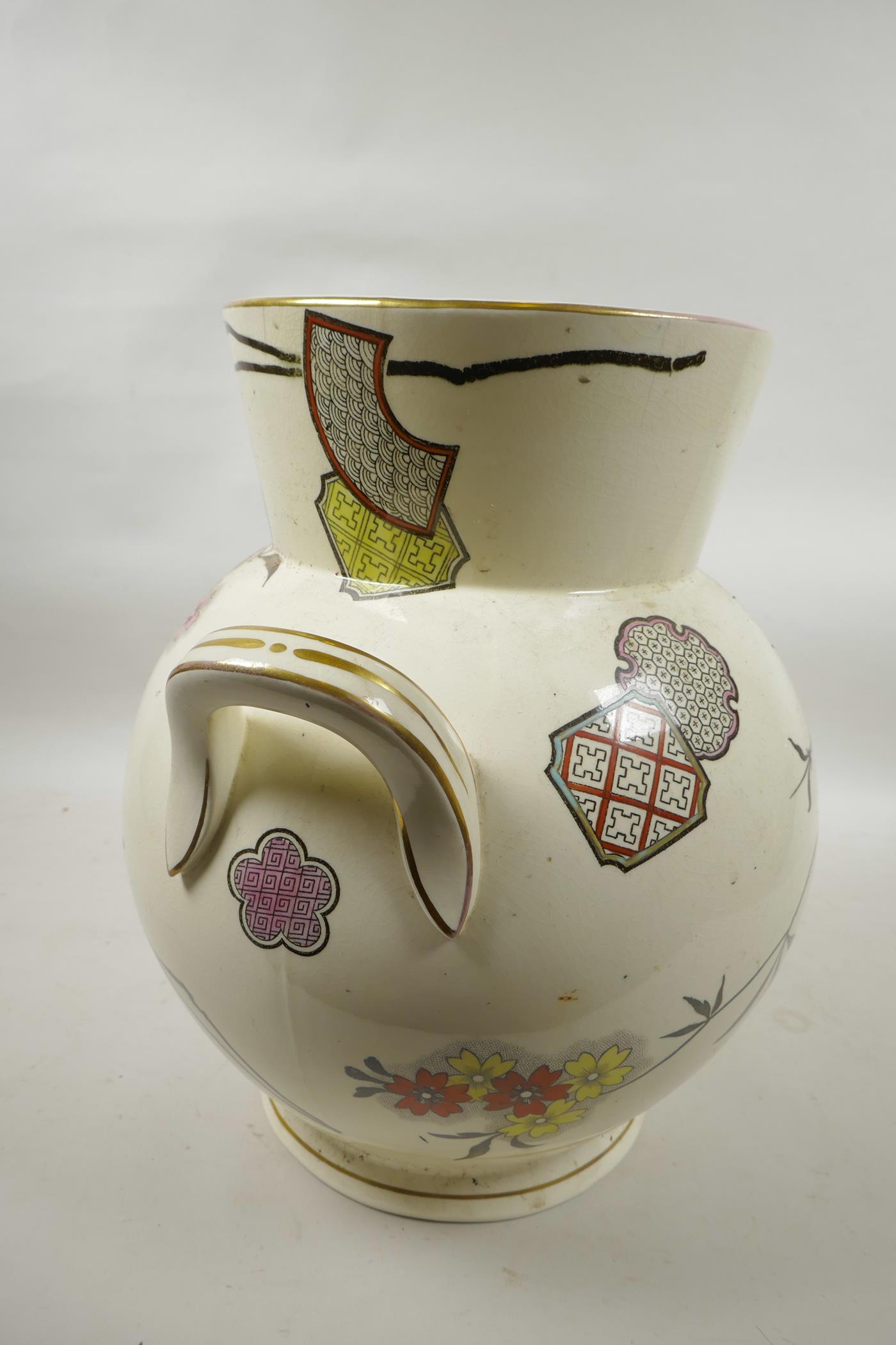 A large Staffordshire two handled vase, decorated with flowers, 13" high - Image 4 of 5