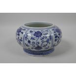 A Chinese blue and white porcelain jar with decorative floral panel, 4 character mark to side, 7"