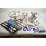A quantity of silver plated wares including Mappin & Webb four egg cruet, a Walker and Hall rat tail