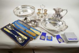 A quantity of silver plated wares including Mappin & Webb four egg cruet, a Walker and Hall rat tail