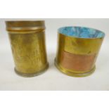 Two shell case trench art vases, one with copper presentation plaque, 4½" diameter, the other