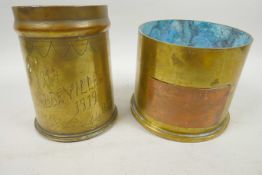 Two shell case trench art vases, one with copper presentation plaque, 4½" diameter, the other