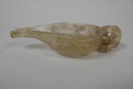 A Chinese moulded glass libation cup/pourer with a kylin handle, 4½" long chip to handle