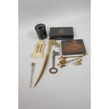 A quantity of collector's items including stamp box, printer's block, claw and ball button hook,