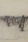 Figures gathered in a landscape, indistinctly signed, charcoal and wash drawing, 7" x 5"
